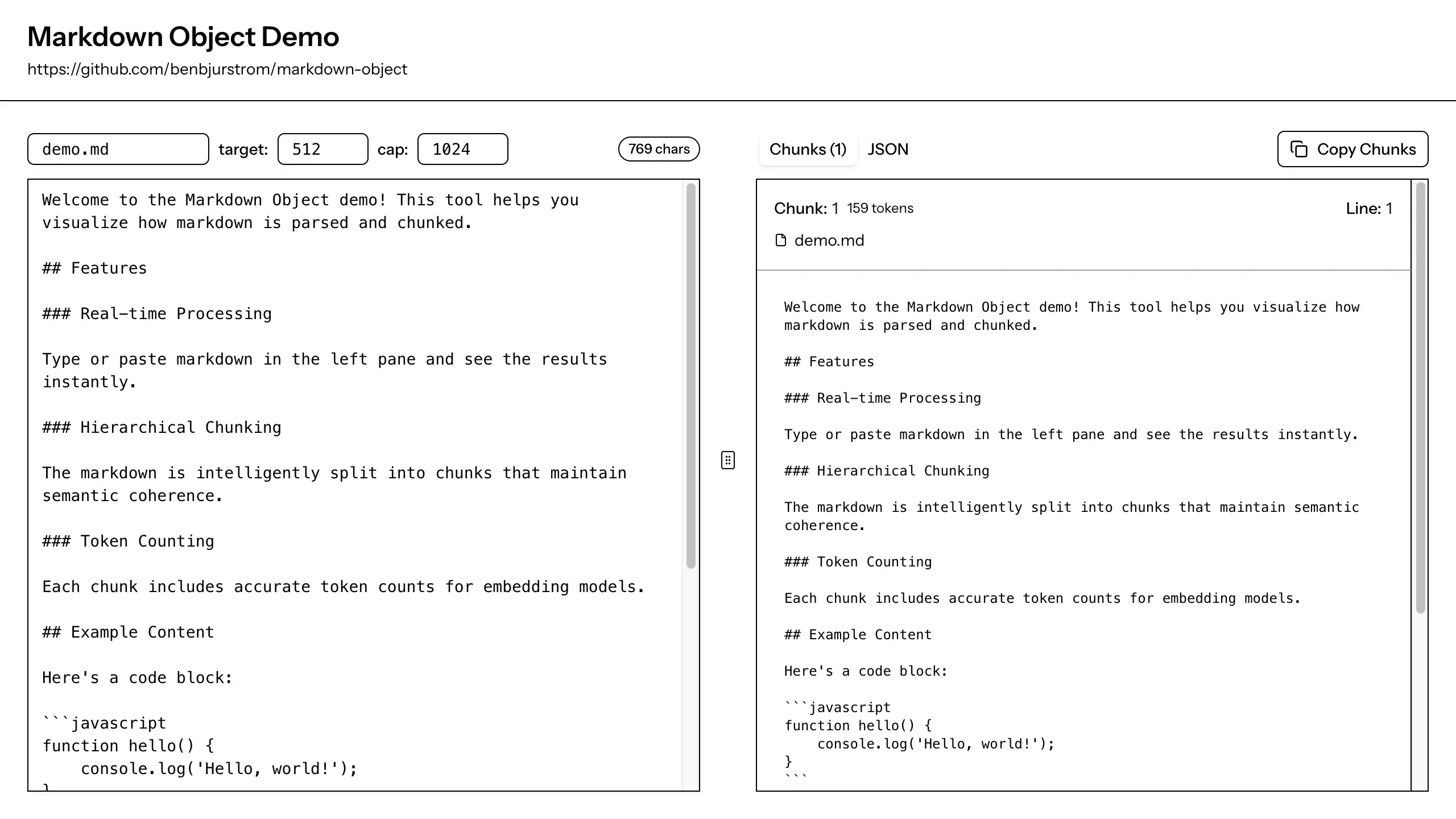 Screenshot showing the Markdown Object demo interface with a Markdown editor on the left and chunk visualization on the right